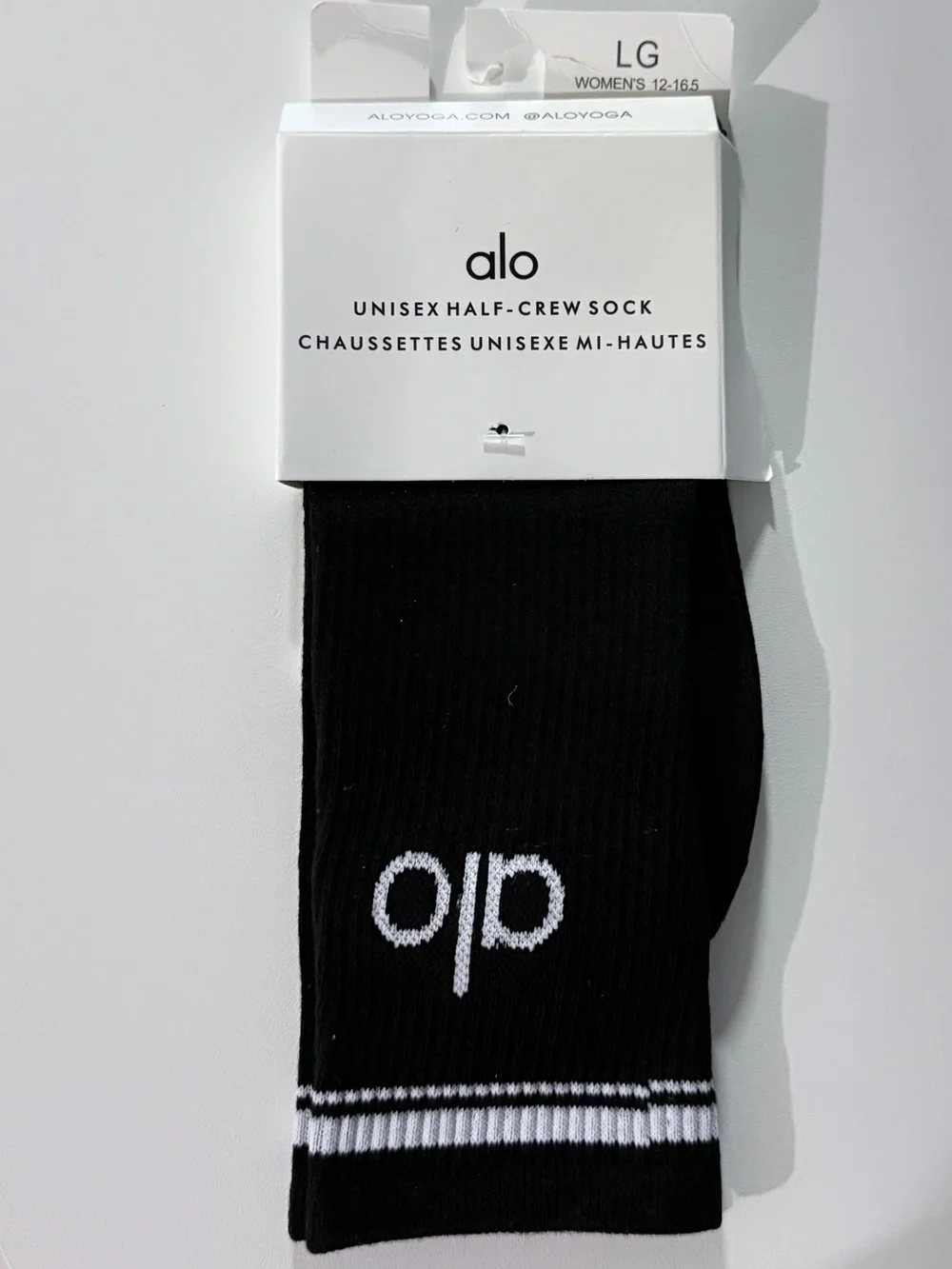 ALO Yoga Black Unisex Half-Crew Sock with White Logo